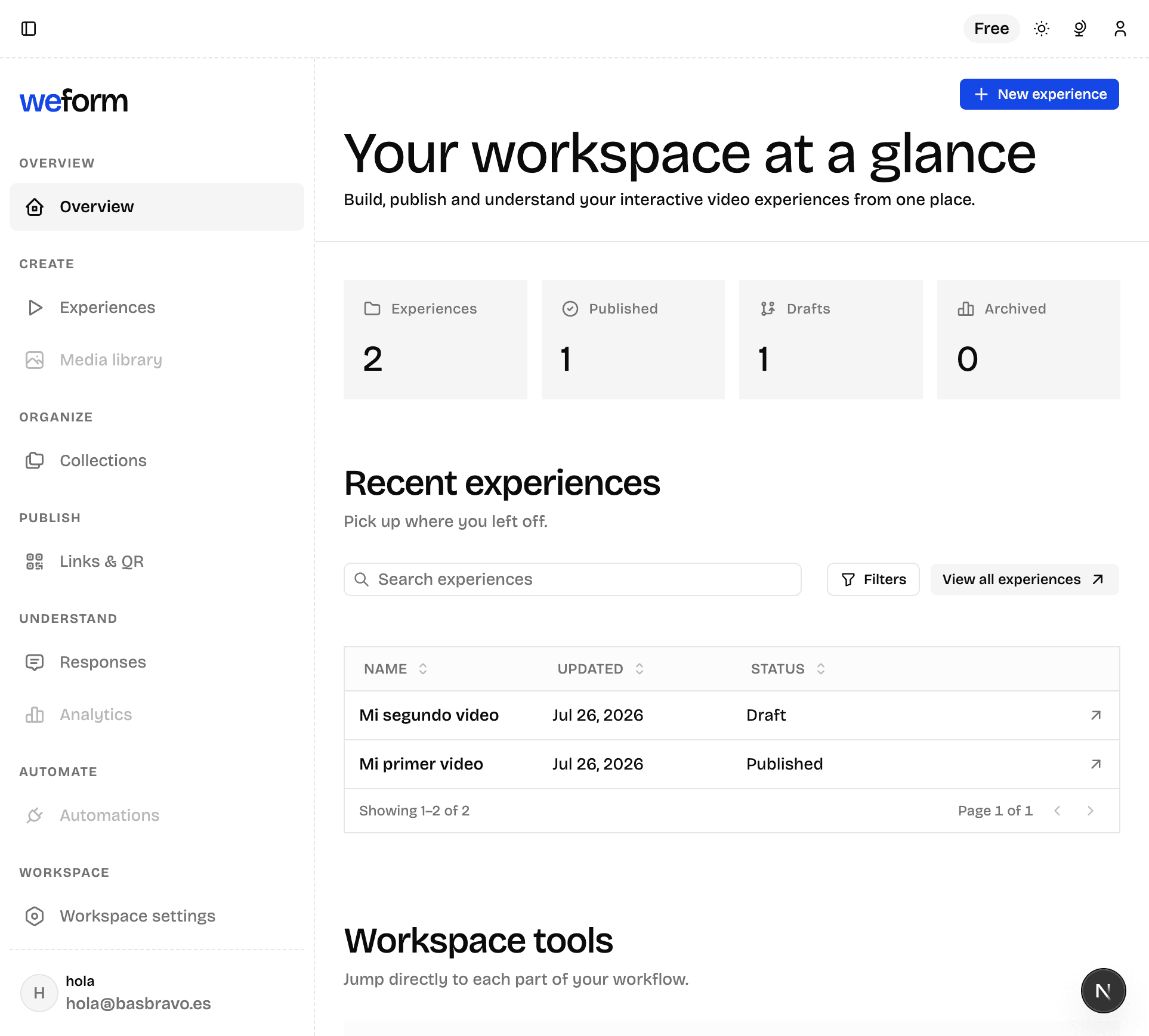 Vista real del dashboard de Weform con experiencias, publicación y herramientas del workspace
