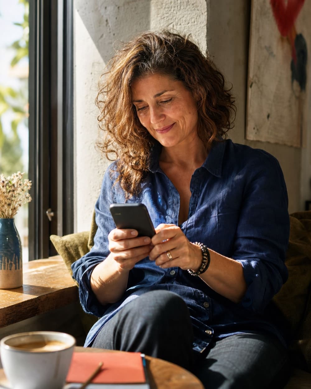 Mujer retomando un recorrido de aprendizaje desde su smartphone junto a una ventana