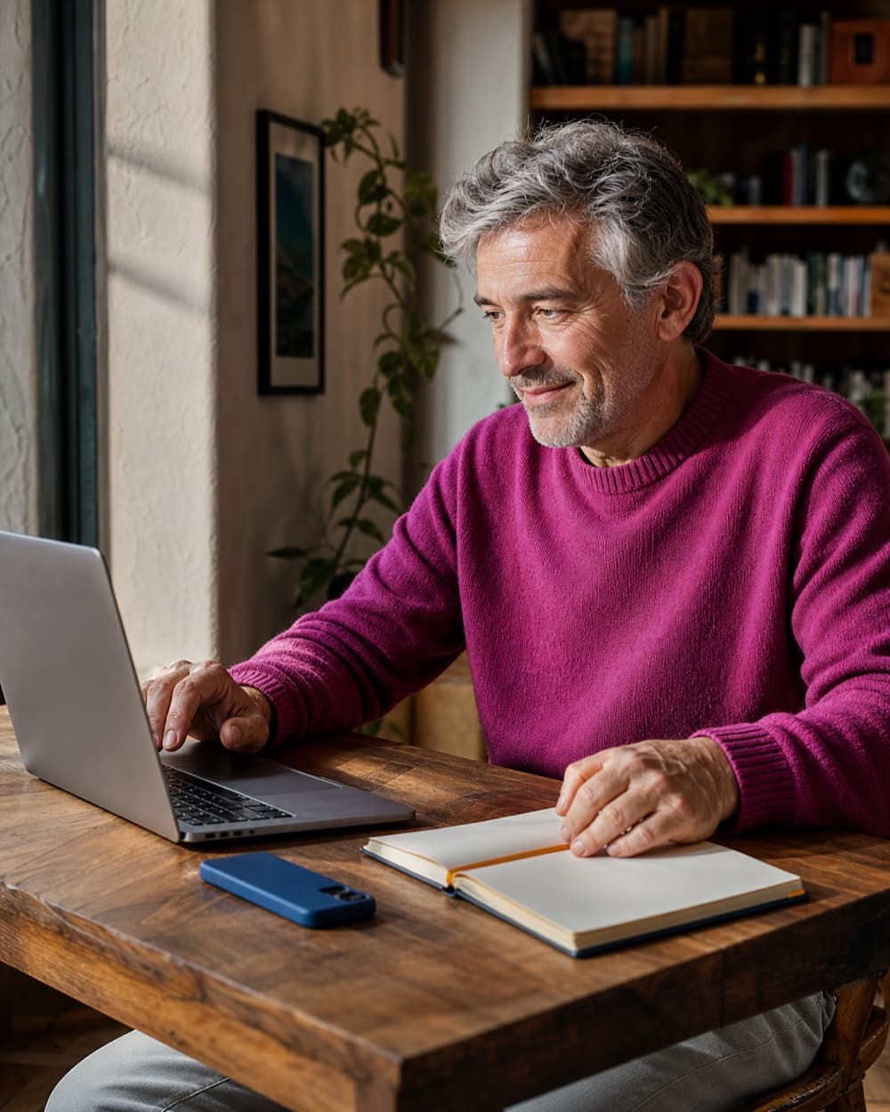 Hombre continuando un programa de vídeo desde su portátil con un smartphone y un cuaderno cerca